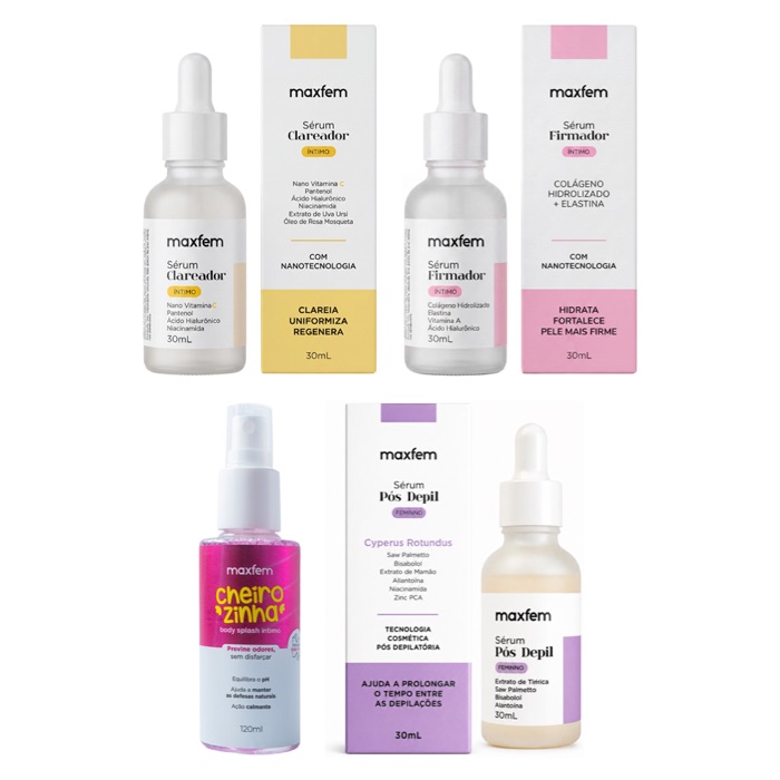 Kit Maxfem Total: Clareador, Firmador, Cheirozinha e Sérum Pós Depil